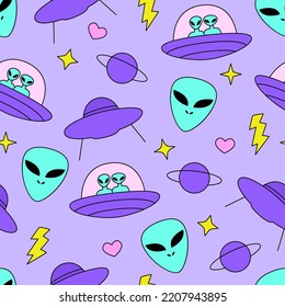 Seamless pattern with cute aliens and ufo ships, stars, hearts and saturn planet. Vector background