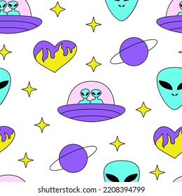 Seamless pattern with cute aliens and ufo ships, stars, hearts and saturn planet. Vector background