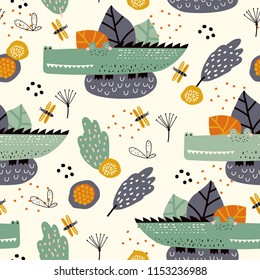Seamless pattern with cute alligator and tropical plants. Vector texture in childish style great for fabric and textile, wallpapers, backgrounds. Creative jungle childish texture.