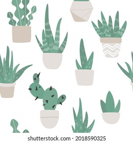 Seamless pattern of cute aloe vera, сactus and succulent plants growing in pots. aloe in pots. Houseplant pot vector illustration. Modern vector pattern in modern flat style.