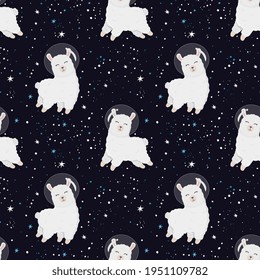 Seamless pattern with cute alpaca astronaut on starry space background. Perfect for wrapping paper, posters, fabric and other design. Cute llama