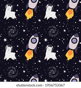 Seamless pattern with cute alpaca astronauts on starry space background. Perfect for wrapping paper, posters, fabric and other design. Cute llama