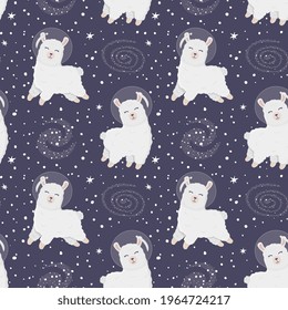 Seamless pattern with cute alpaca astronauts on starry space background. Perfect for wrapping paper, posters, fabric and other design. Cute llama