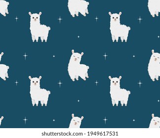 Seamless pattern of cute alpaca in different poses. Cartoon design animal character flat vector style. Baby texture for fabric, wrapping, textile, wallpaper, clothing. 