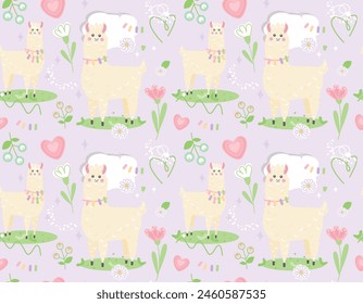 Seamless pattern with cute alpaca and flowers. Vector illustration