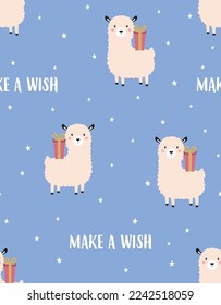 seamless pattern of cute alpaca with gift box on blue background, print with cartoon llama ideal for baby cloth, wallpaper, wrapping paper, home decor
