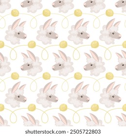 Seamless pattern of cute alpaca heads and skeins of yarn. Vector illustration for textiles, wrapping paper, wallpaper, banners, postcards, scrapbooking, websites.