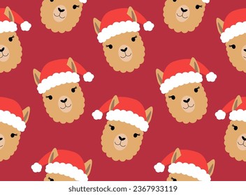 Seamless pattern with cute alpaca in Santa Claus hat. Vector illustration