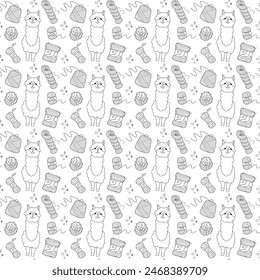 Seamless pattern with cute alpaca and skeins of yarn. Doodle outline illustration.