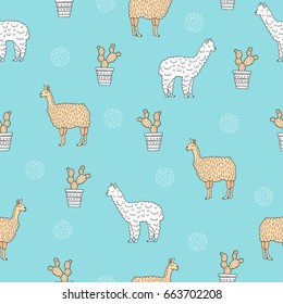 Seamless pattern with cute alpaca - south america's lama and cactus. Vector illustration.