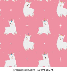 Seamless pattern of cute alpaca with unicorn horn in different poses. Cartoon design animal character flat vector style. Baby texture for fabric, wrapping, textile, wallpaper, clothing. Cute llama