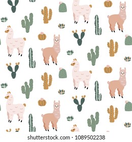 Seamless pattern with cute Alpacas and Cacti. Childish vector print. Good for fabric design. 