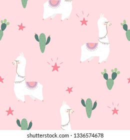 Seamless pattern with cute Alpacas and Cactus. 