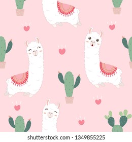 Seamless pattern with cute Alpacas and Cactus. 