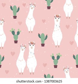 Seamless pattern with cute Alpacas and Cactus. 
