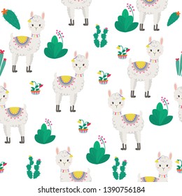 Seamless pattern with cute Alpacas and Cactus. - Vector