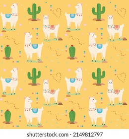 Seamless pattern with cute Alpacas and Cactus. Yellow background.