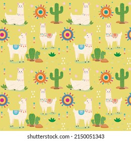 Seamless pattern with cute Alpacas and Cactus. Green yellow background.