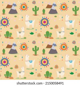 Seamless pattern with cute Alpacas, mountains, hearts and Cactus. Yellow background.