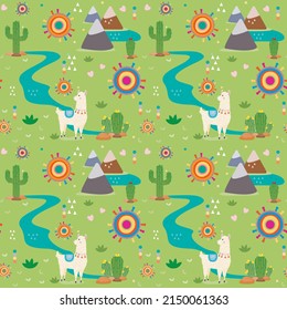 Seamless pattern with cute Alpacas, mountains lake and river, hearts and Cactus. Green background.