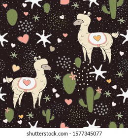 Seamless Pattern with Cute Alpacas on cute background. Scandinavian Style. 