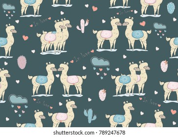 Seamless Pattern with cute alpacas on dark background with cacti, clouds and hearts. 
