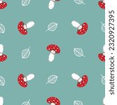 Seamless pattern with cute amanita mushrooms. Vector botanical print with hand drawn in doodle style fly agarics