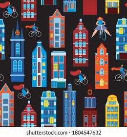 Seamless pattern with cute Amsterdam houses and cyclists on a black background. Flat vector stock illustration with European city, houses and young people on bicycles as background or pattern