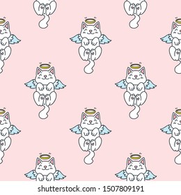 Seamless pattern with cute angel cats on pink background. Vector 8 EPS.