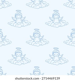Seamless pattern with cute angel line art. Gentle and minimal design ideal for baby products, christening, baptism, nursery decor, religious themes, wrapping paper, and textiles.