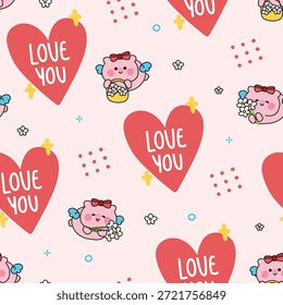 Seamless pattern with cute angel pig cartoon characters and red hearts. Vector background illustration of pink piggy holding flowers for Valentine's Day wallpaper. Kawaii animal