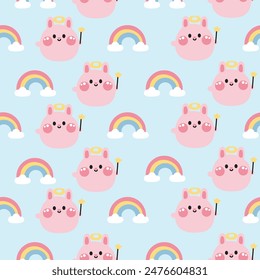 Seamless pattern of cute angel rabbit round shape with rainbow clouds sky background.Bunny.Rodent animal character cartoon.Image for card,poster,t shirt print screen,baby clothing.Kawaii.Illustration