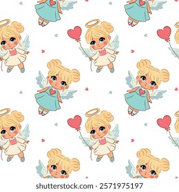 Seamless pattern of cute angels with blond hair, girls, for Valentine's Day, February 14, heart, wings, vector.