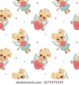 Seamless pattern of cute angels with blond hair, girls, for Valentine's Day, February 14, heart, wings, vector.