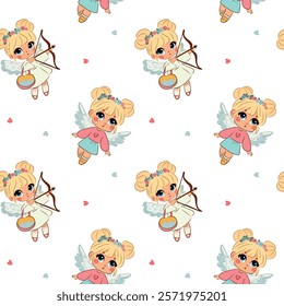 Seamless pattern of cute angels with blond hair, girls, for Valentine's Day, February 14, heart, wings, vector.