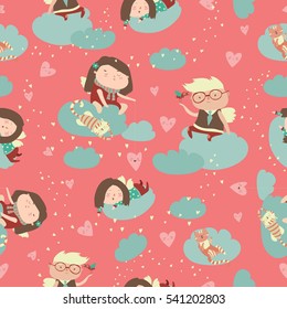 Seamless pattern with cute angels celebrating Valentines Day