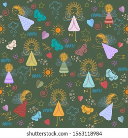Seamless pattern with cute angels on the background of a pattern of small details, collage, vector