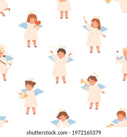 Seamless pattern with cute angels on white background. Happy children with nimbus and wings on endless repeatable texture for printing. Colored flat vector illustration of repeating backdrop