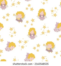 Seamless pattern with cute angels and stars. Design for fabric, textile, wallpaper, packaging.