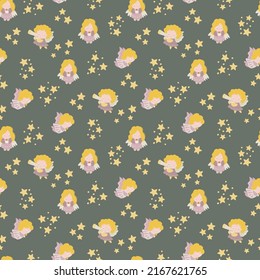Patrón sin foco con lindos ángeles y estrellas. Diseño para tela, textil, papel pintado, embalaje.	

