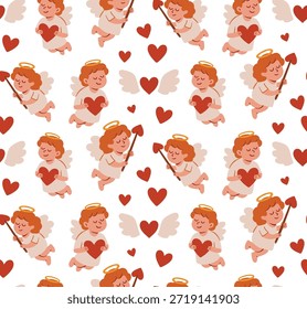 Nahtloses Muster. Süße Engel. Valentinstag. Cartoon-Engel. Papier einwickeln. Hintergrundbild. Vektorgrafik. Weißer Hintergrund.