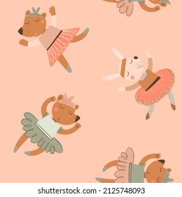 Patrón sin foco con bailarina de animales adorables sobre fondo marrón claro.  Papel digital rosado con conejo y oso, fondo infantil vectorial para tela, textil.