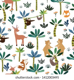 seamless pattern cute animal in botnical tropical forest,illustration vector doodle comic art for any card.