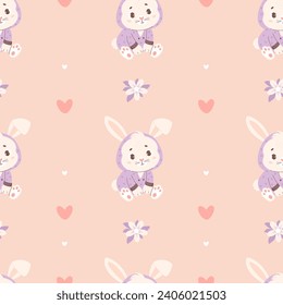 Patrón sin foco con un lindo conejito animal con pijamas. Ilustración vectorial para el diseño, papel de pared, embalaje, textil. Colección infantil en tonos pastel