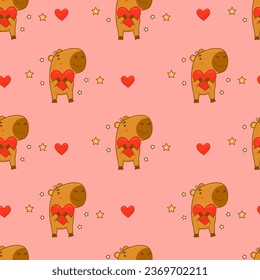 Seamless pattern. Cute animal capybara with heart on pink background. Vector illustration for festive design, romantic valentines, wallpaper, packaging, textile