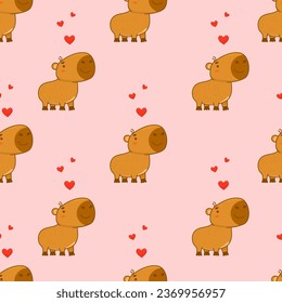 Seamless pattern. Cute animal capybara on pink background with hearts. Vector illustration for festive design, wallpaper, packaging, textile. kids collection