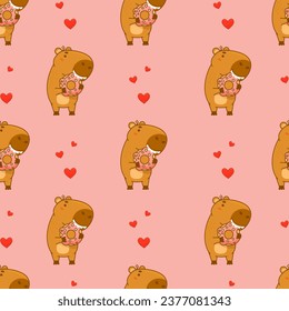 Nahtloses Muster. Cute Tier Capybara mit Donut auf rosafarbenem Hintergrund mit Herzen. Vektorgrafik für festliches Design, Tapete, Verpackung, Textilien. Kinderkollektion