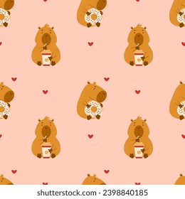 Nahtloses Muster. Cute Tier Capybara mit Donut und Kaffee auf rosafarbenem Hintergrund mit Herzen. Vektorgrafik für Design, Tapete, Verpackung, Textilien. Kindersammlung.