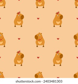 Nahtlose Muster mit süßem Tier Capybara Mädchen und Junge mit Herz. Vektorgrafik für Design, romantische Valentine, Tapete, Verpackung, Textilien