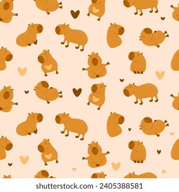 Seamless pattern. Cute animal capybaras on beige background. Vector illustration for design, wallpaper, packaging, textile. kids collection